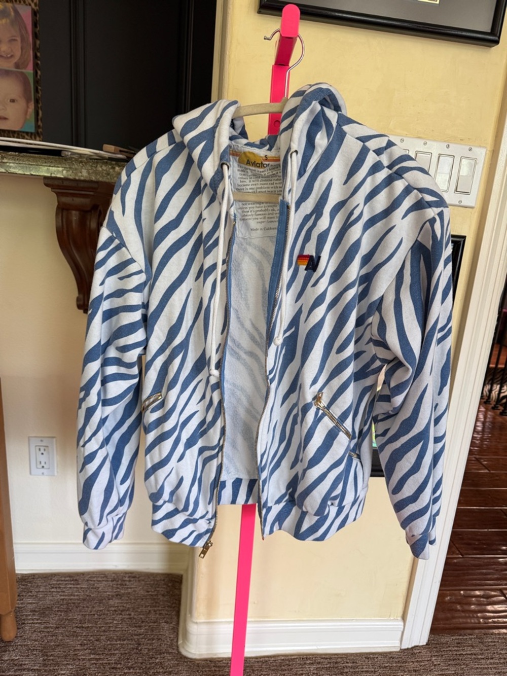 Aviator Nation Blue Zebra Print zip up hoodie size medium